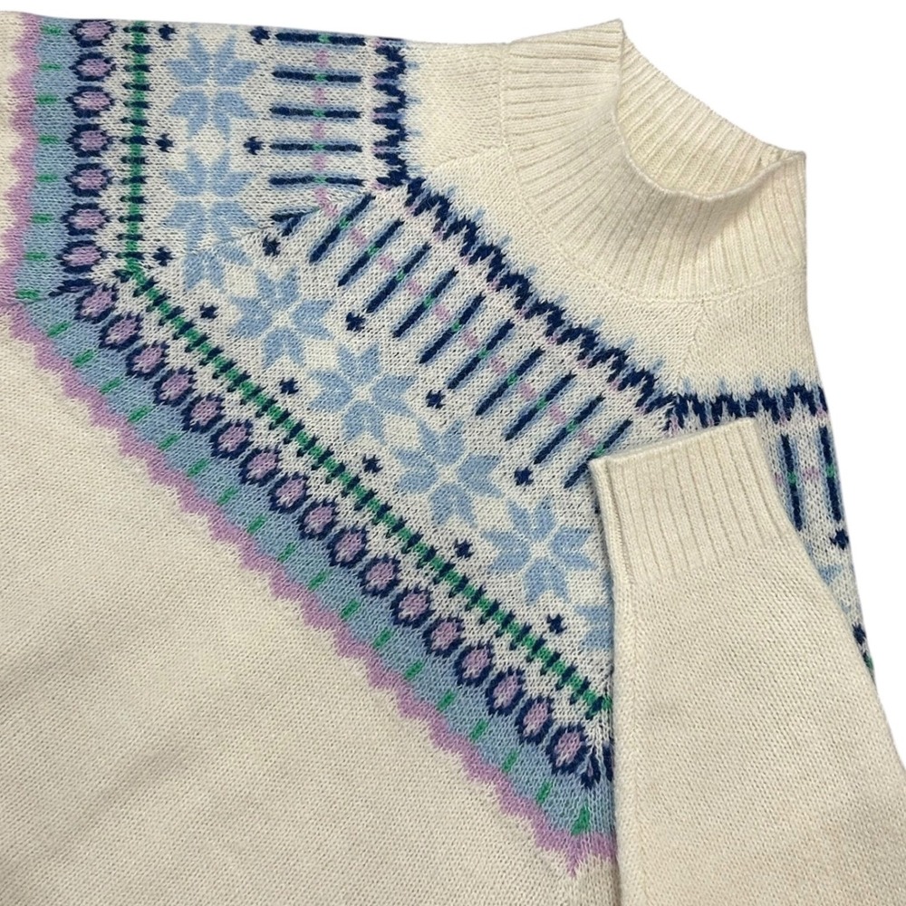Old Navy Cozy Intarsia Fair Isle Mock Neck Sweater Cream Blue Wool Blend Large